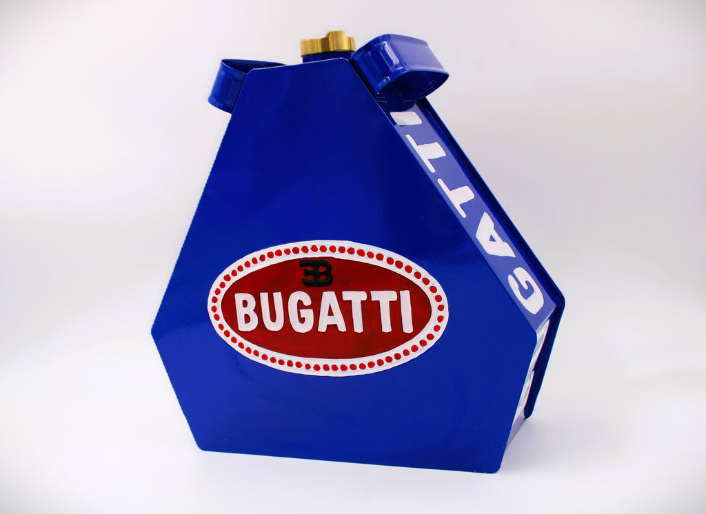 Blue, red and white painted gas can with the Bugatti logo displayed on all sides.
