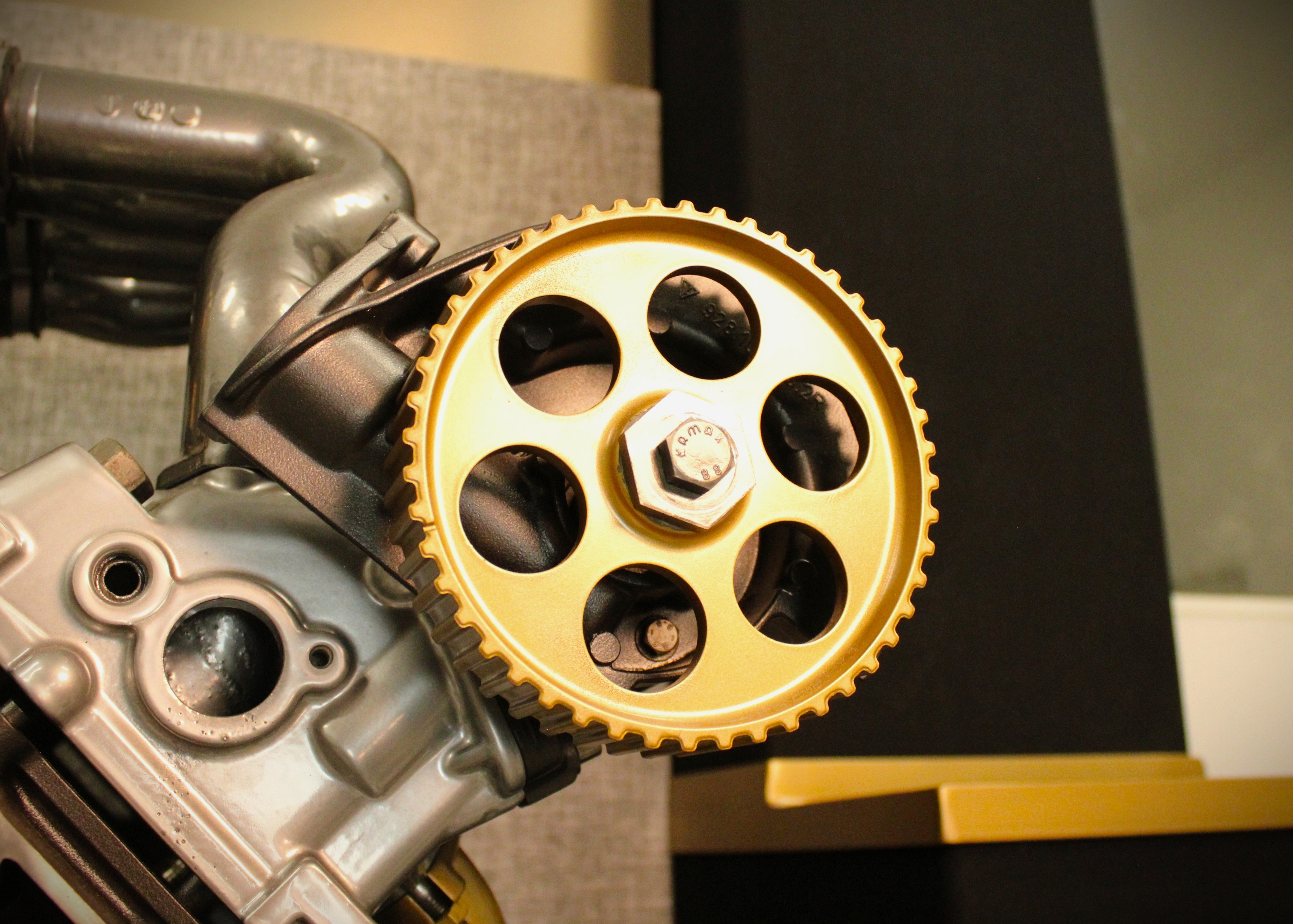 Close-up of refinished Porsche 928 V8 engine display