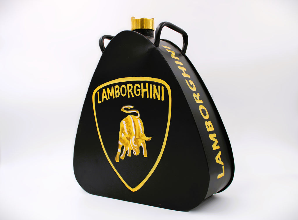 Black and yellow painted gas can with the Lamborghini logo displayed on all sides.
