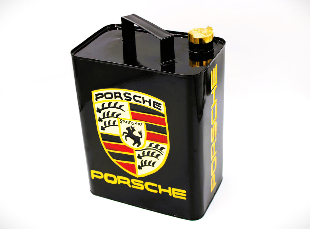 Black and yellow painted gas can with the Porsche logo displayed on all sides.