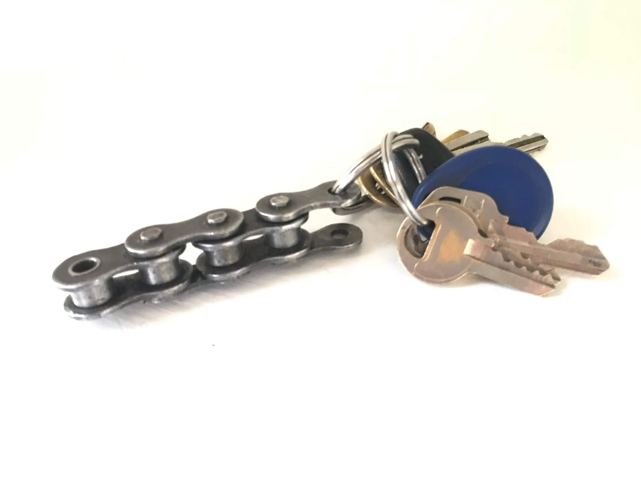 Keychain handcrafted from a genuine polished motorcycle chain.