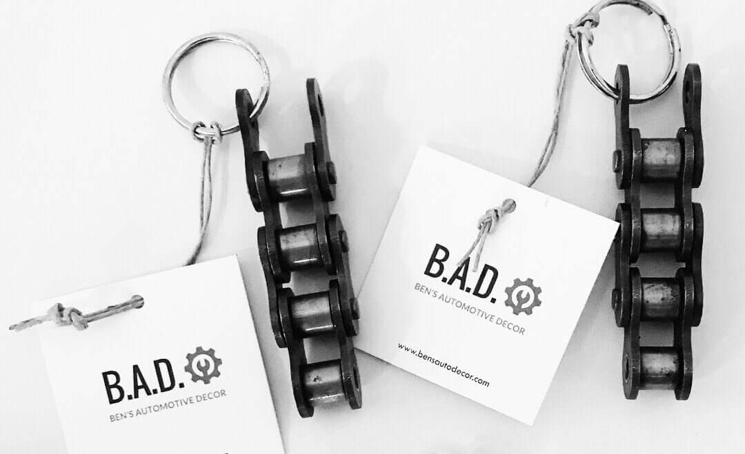 Keychain handcrafted from a genuine polished motorcycle chain.