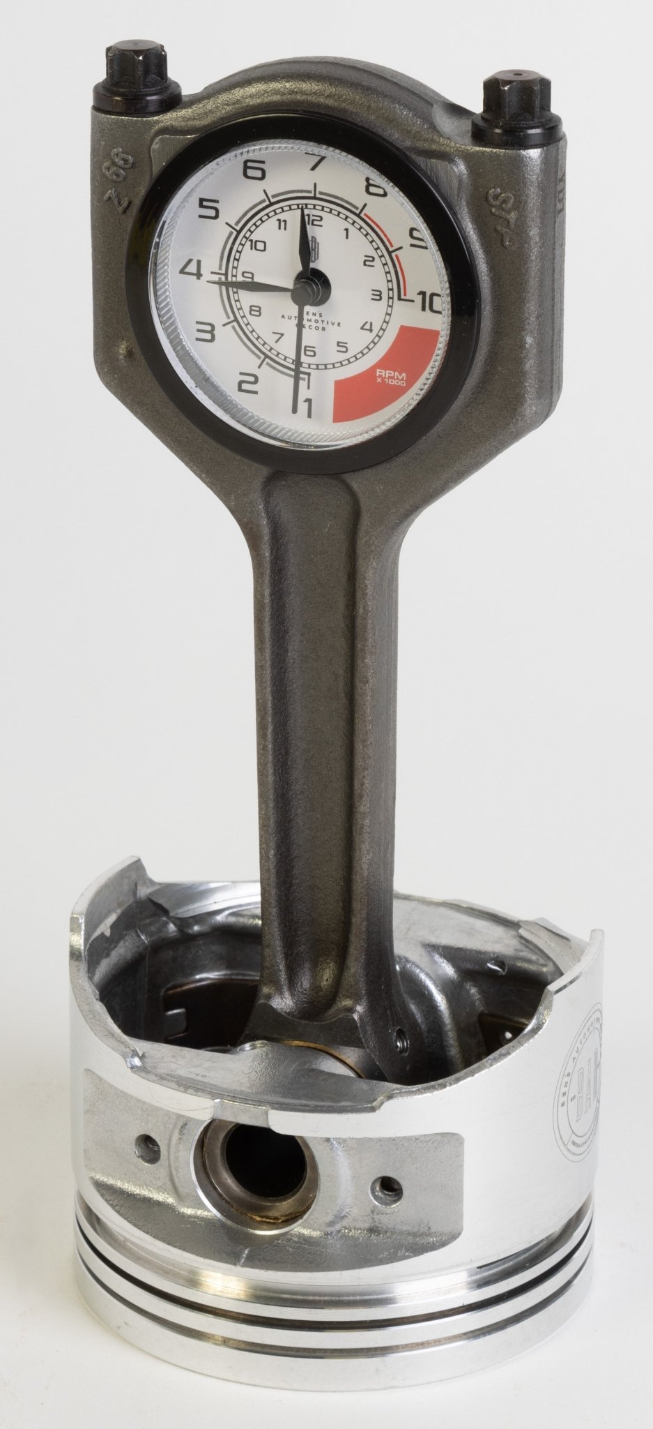 Piston Clock with White RPM Gauge Face - Unique Car Enthusiast Gift, Steampunk Clock for Gearheads, Automotive Decor - Ben's Auto Decor