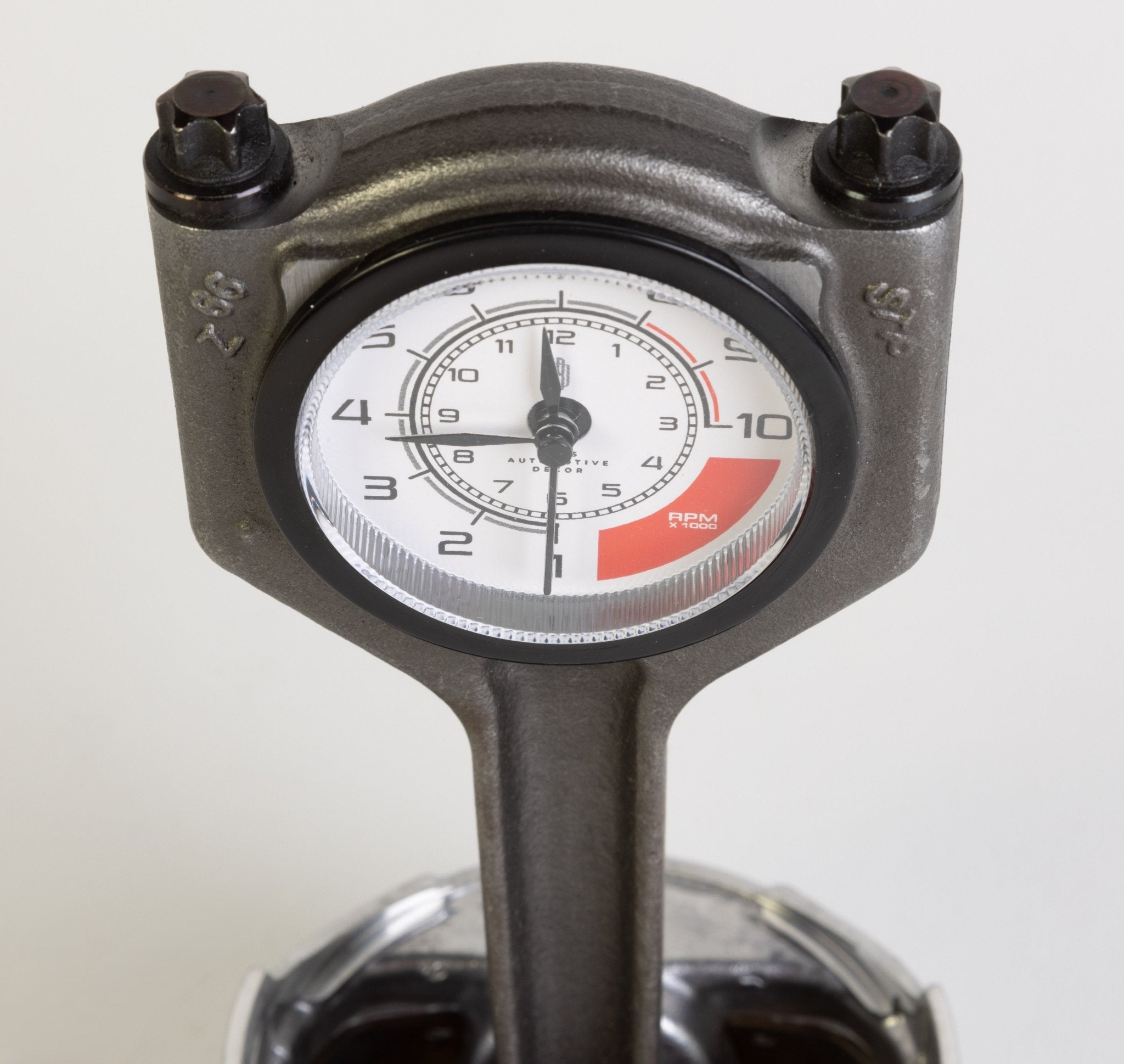 Piston Clock with White RPM Gauge Face - Unique Car Enthusiast Gift, Steampunk Clock for Gearheads, Automotive Decor - Ben's Auto Decor