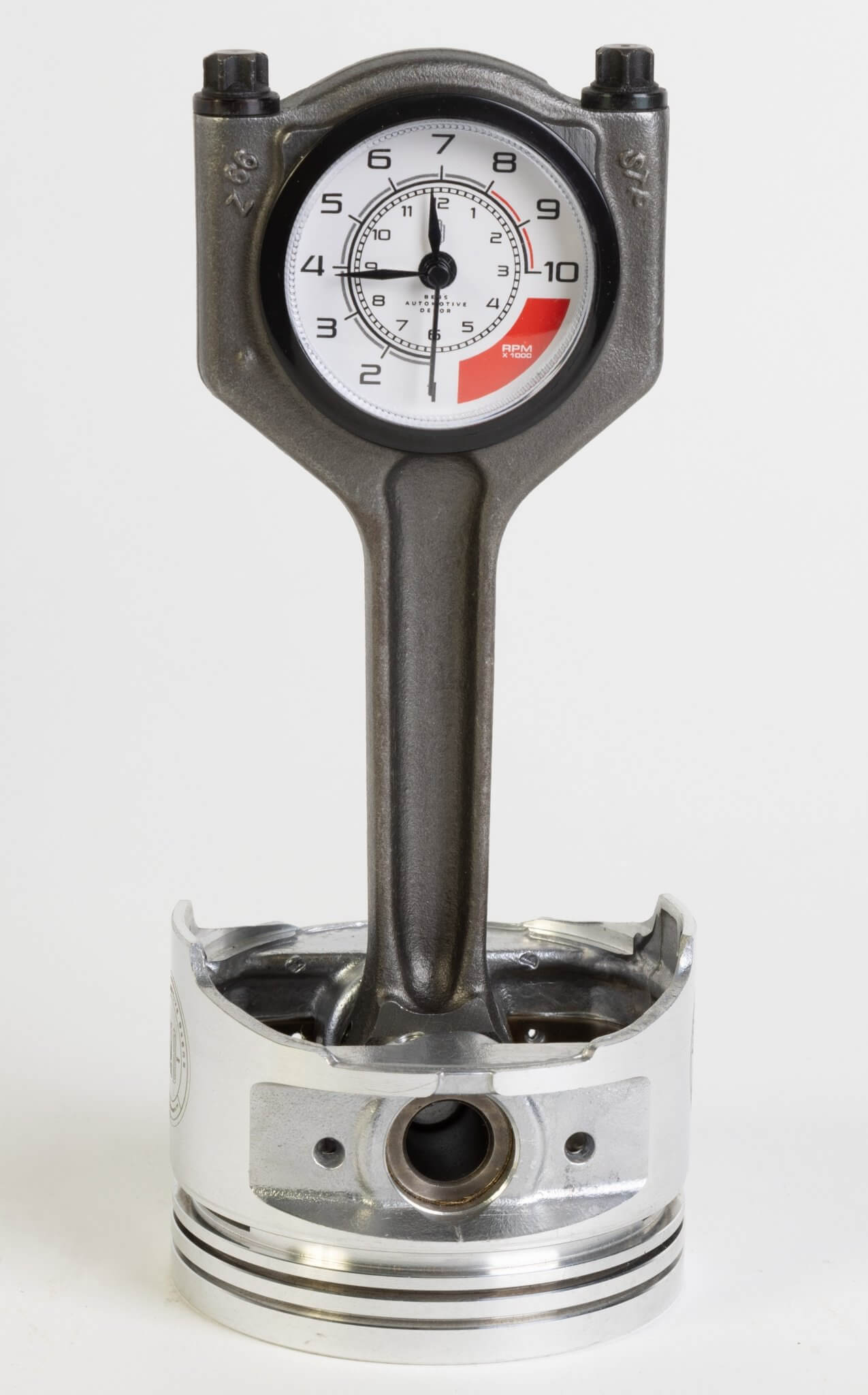 Piston Clock with White RPM Gauge Face - Unique Car Enthusiast Gift, Steampunk Clock for Gearheads, Automotive Decor - Ben's Auto Decor