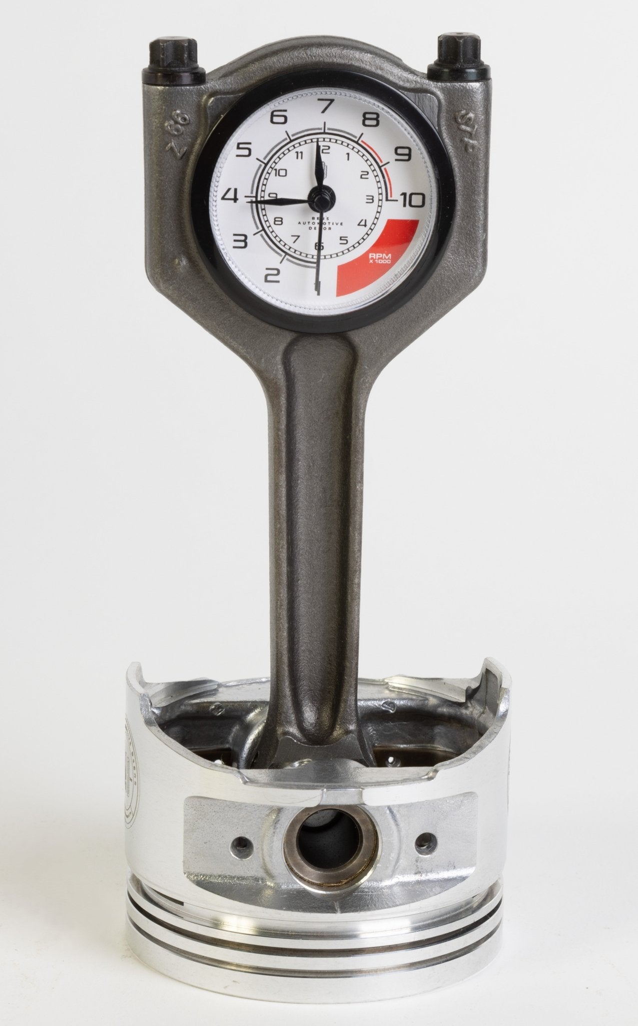 Piston Clock with White RPM Gauge Face - Unique Car Enthusiast Gift, Steampunk Clock for Gearheads, Automotive Decor - Ben's Auto Decor