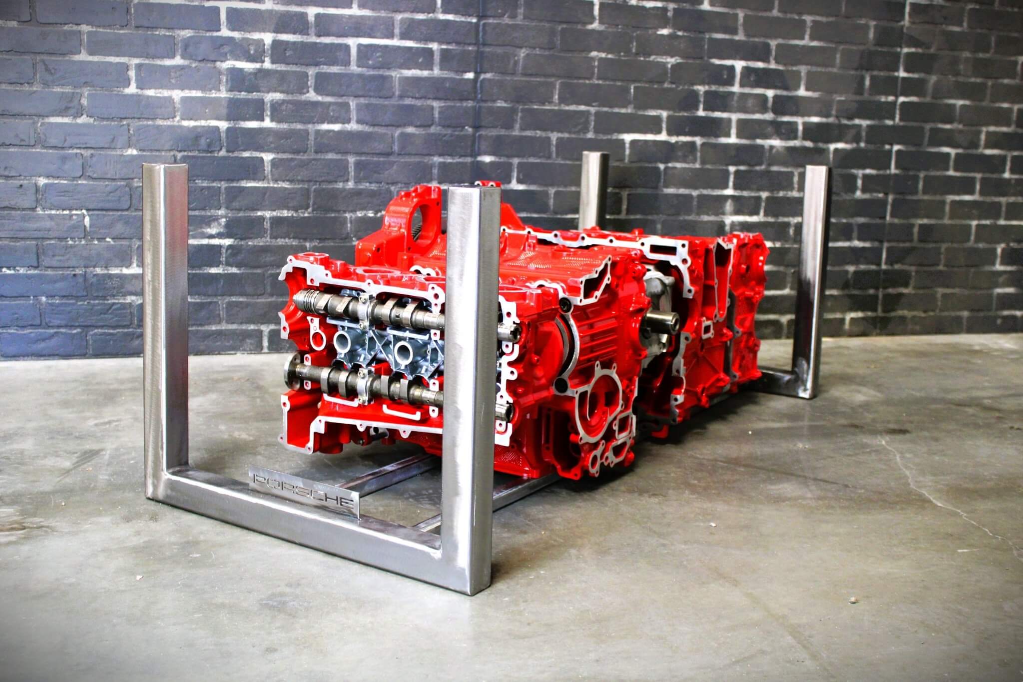 Porsche Engine Coffee Table – Exploded Diagram Display with Crankshaft & Heads | Industrial Frame | Custom Finish | Glass Top Included - Ben's Auto Decor