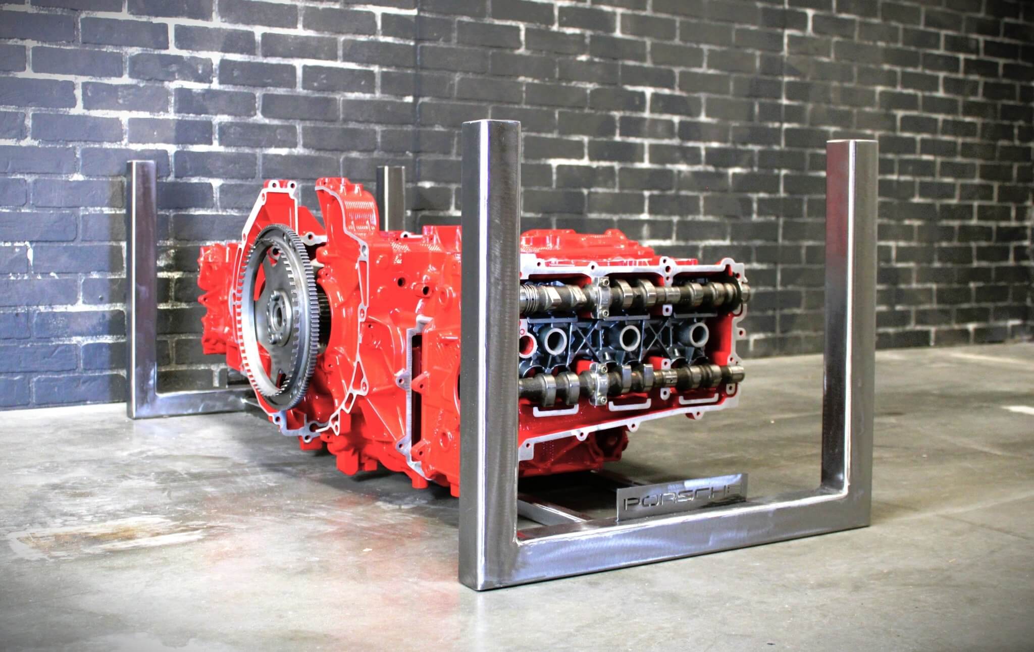 Porsche Engine Coffee Table – Exploded Diagram Display with Crankshaft & Heads | Industrial Frame | Custom Finish | Glass Top Included - Ben's Auto Decor