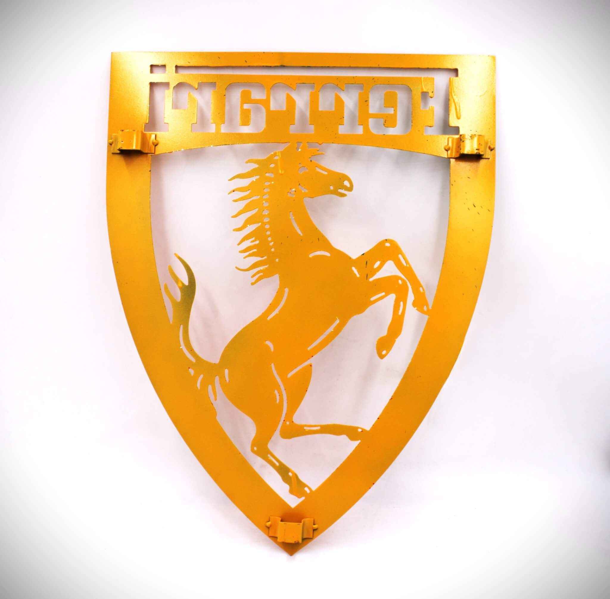 Signed Ferrari Prancing Horse Logo Metal Wall Art - Hand - Painted, Ready to Hang, Unique Decor for Car Guys and Man Caves - Ben's Auto Decor
