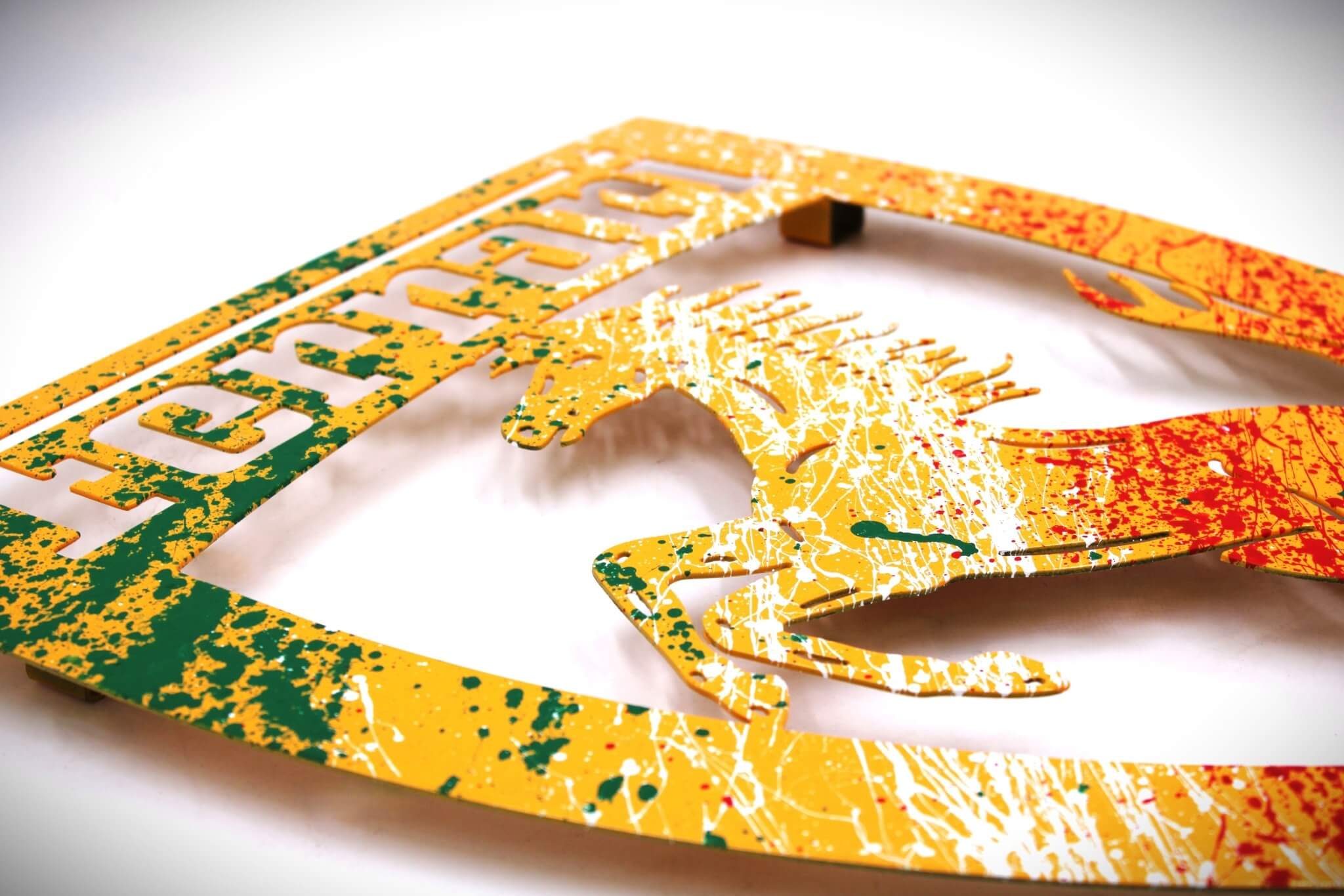 Signed Ferrari Prancing Horse Logo Metal Wall Art - Hand - Painted, Ready to Hang, Unique Decor for Car Guys and Man Caves - Ben's Auto Decor