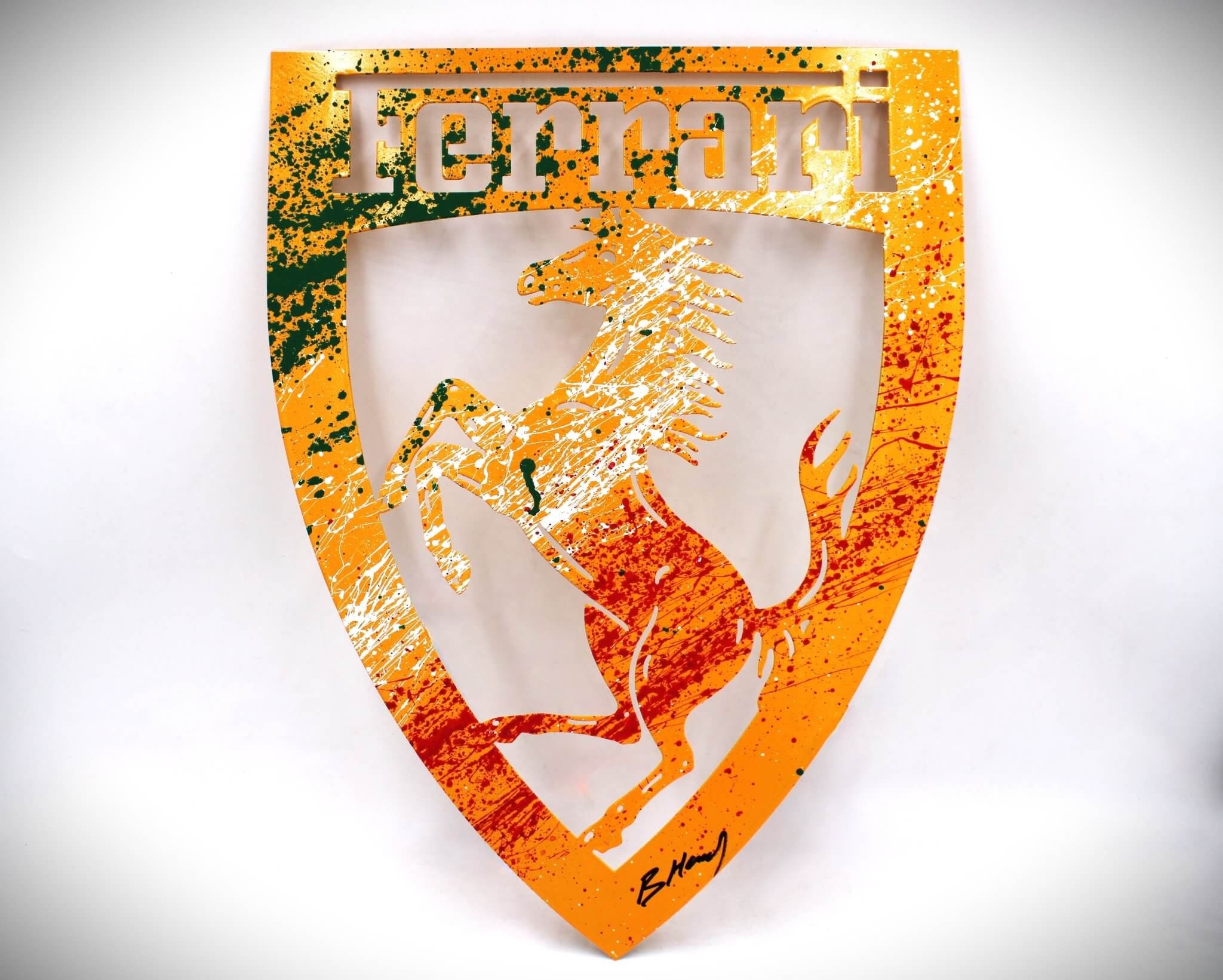 Signed Ferrari Prancing Horse Logo Metal Wall Art - Hand - Painted, Ready to Hang, Unique Decor for Car Guys and Man Caves - Ben's Auto Decor