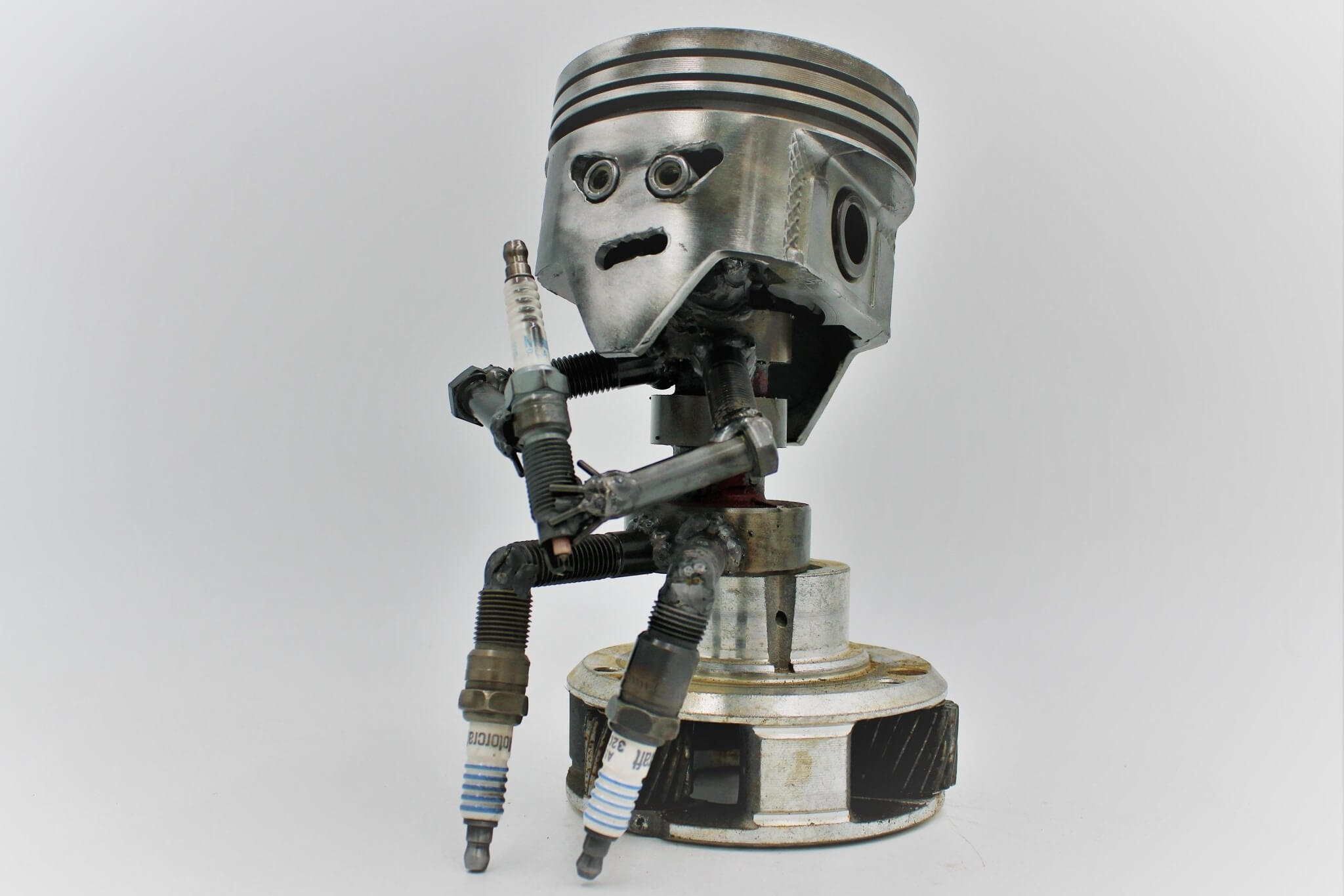 Sitting Piston Man Car Part Sculpture - Automotive Figurine, Unique Steampunk Desk Art - Ben's Auto Decor