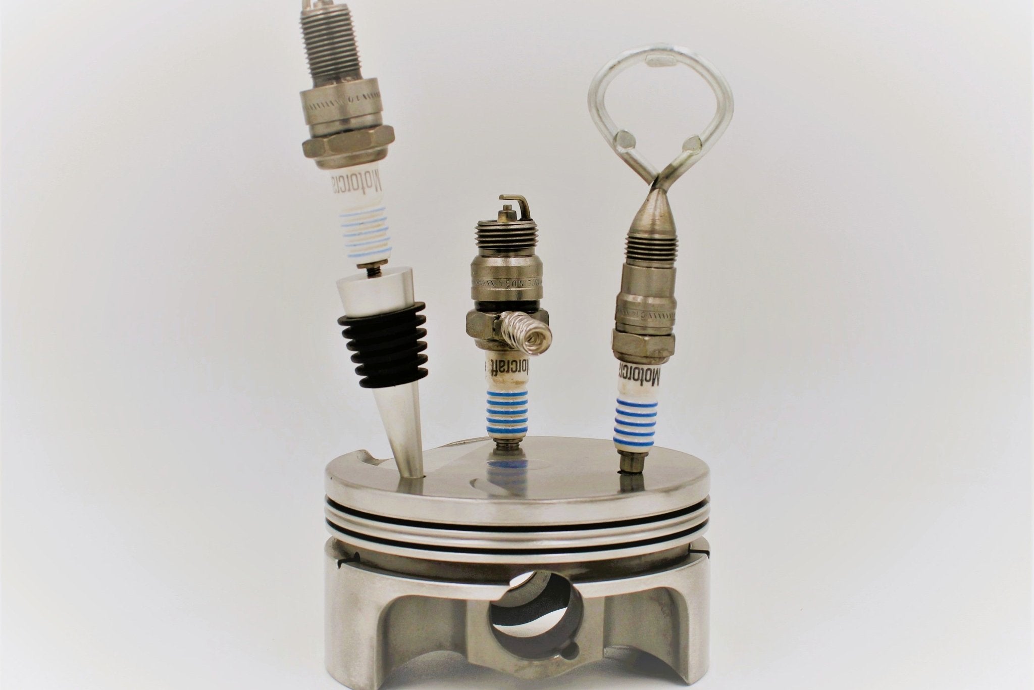 Spark Plug Bar Set for Car Lover - Bottle Opener, Corkscrew, Wine Stopper and Piston Holder, Gift for Auto Enthusiasts - Ben's Auto Decor