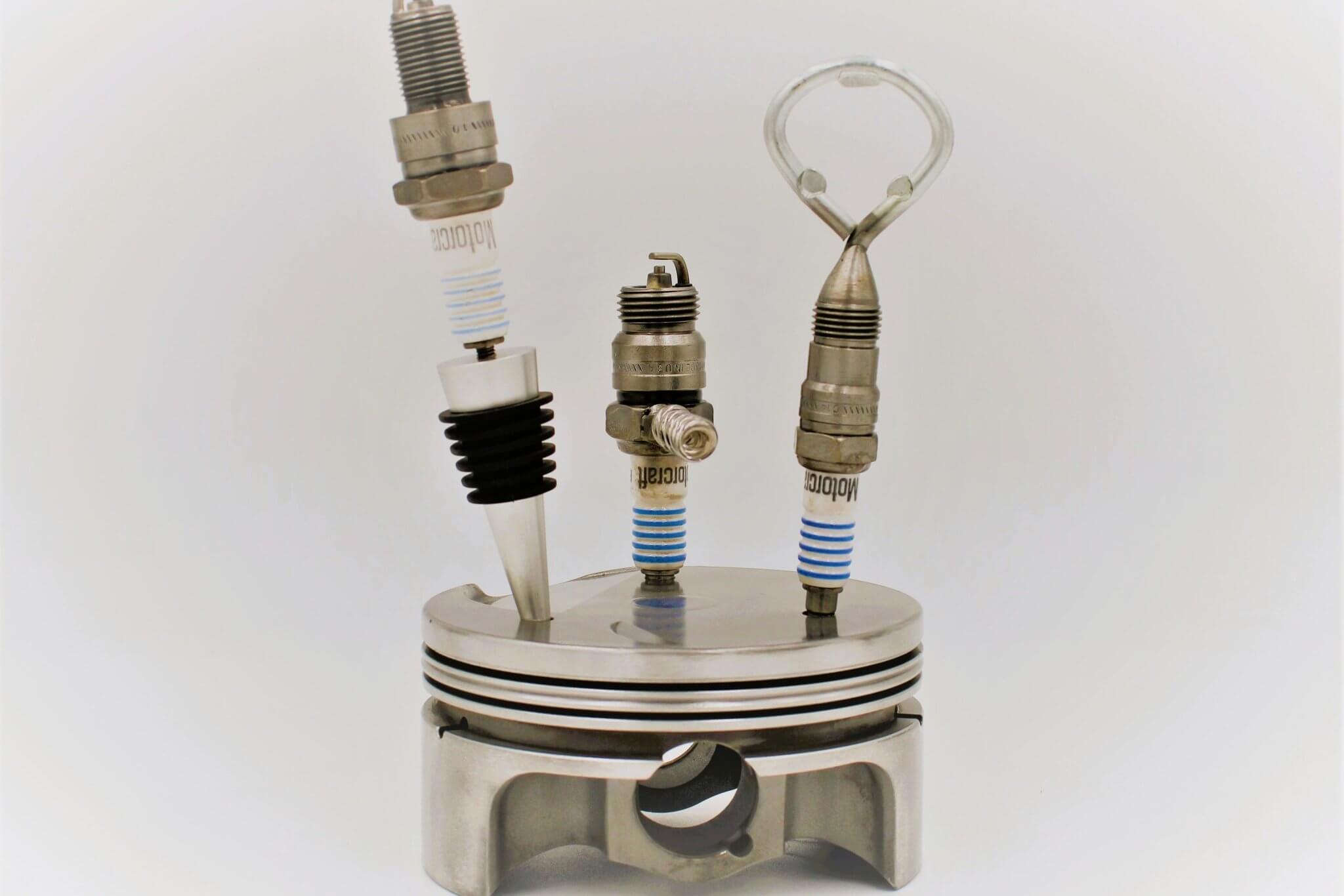 Spark Plug Bar Set for Car Lover - Bottle Opener, Corkscrew, Wine Stopper and Piston Holder, Gift for Auto Enthusiasts - Ben's Auto Decor