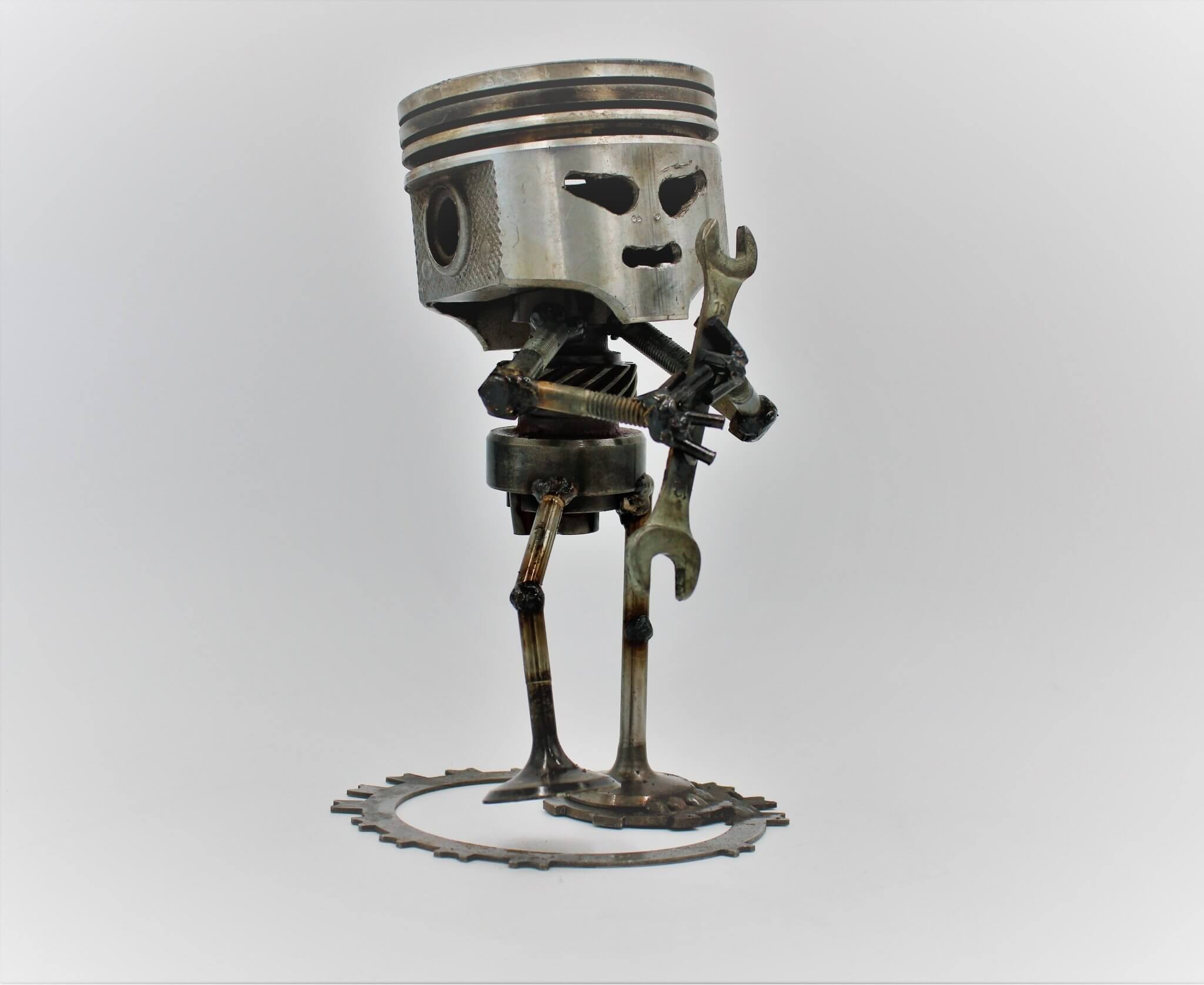 Standing Piston Man Car Part Sculpture - Automotive Figurine, Unique Steampunk Desk Art - Ben's Auto Decor