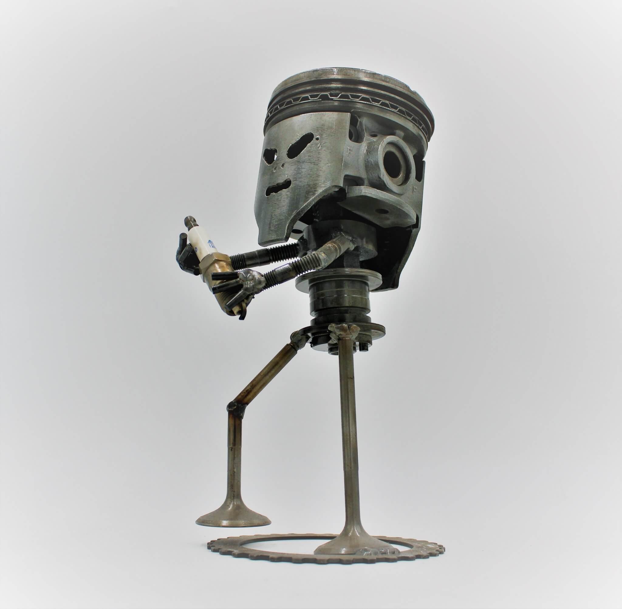 Standing Piston Man Car Part Sculpture - Automotive Figurine, Unique Steampunk Desk Art - Ben's Auto Decor