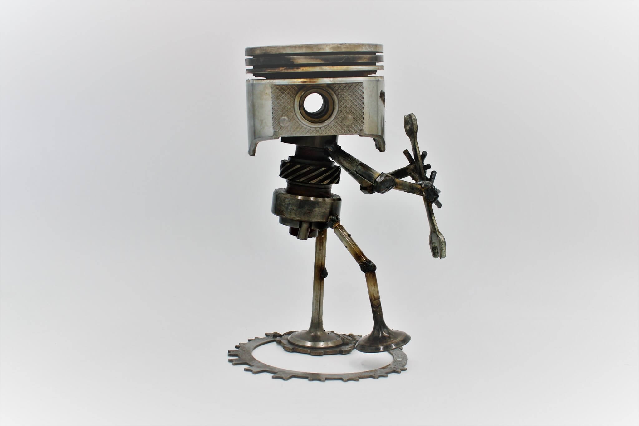 Standing Piston Man Car Part Sculpture - Automotive Figurine, Unique Steampunk Desk Art - Ben's Auto Decor