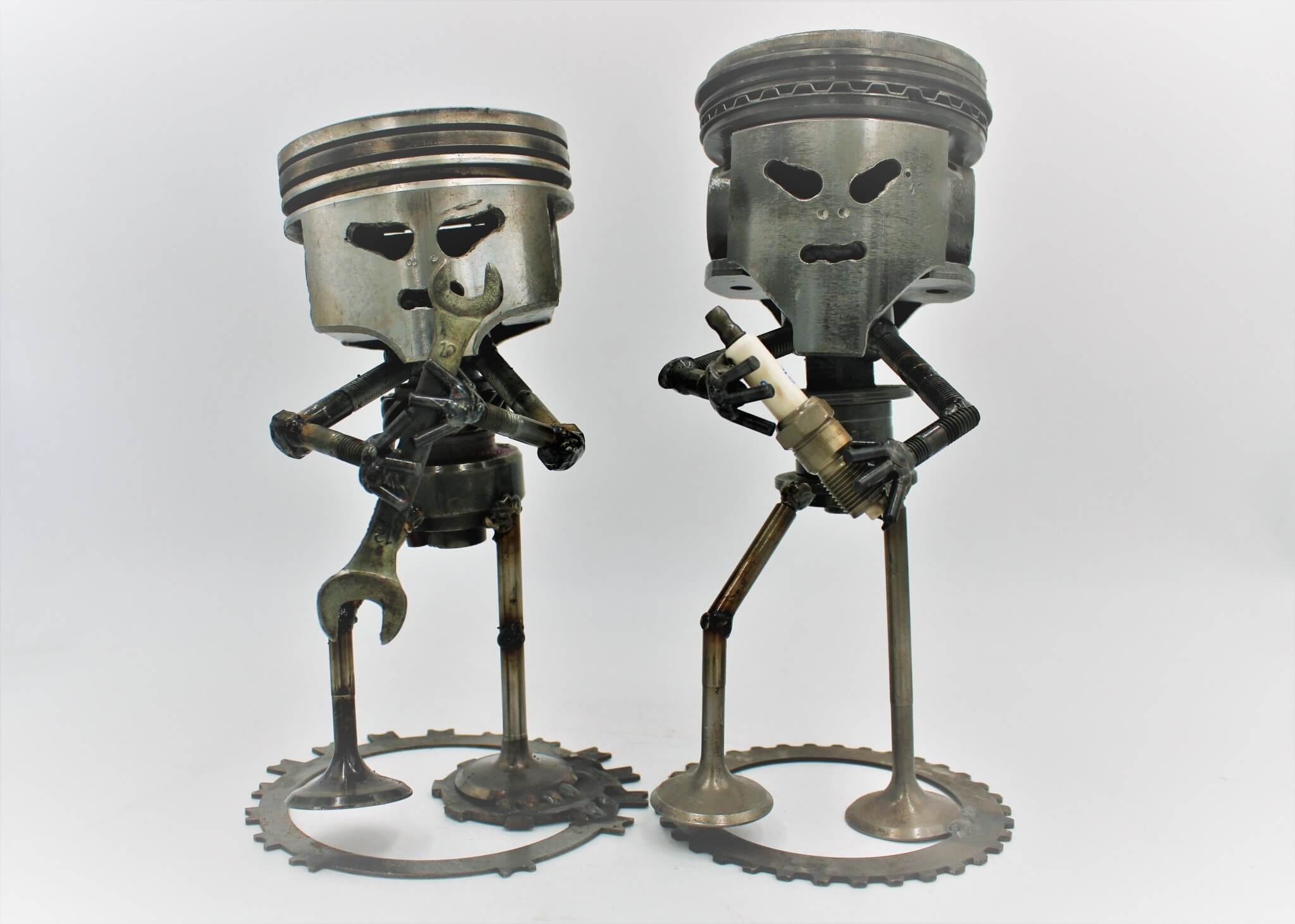 Standing Piston Man Car Part Sculpture - Automotive Figurine, Unique Steampunk Desk Art - Ben's Auto Decor