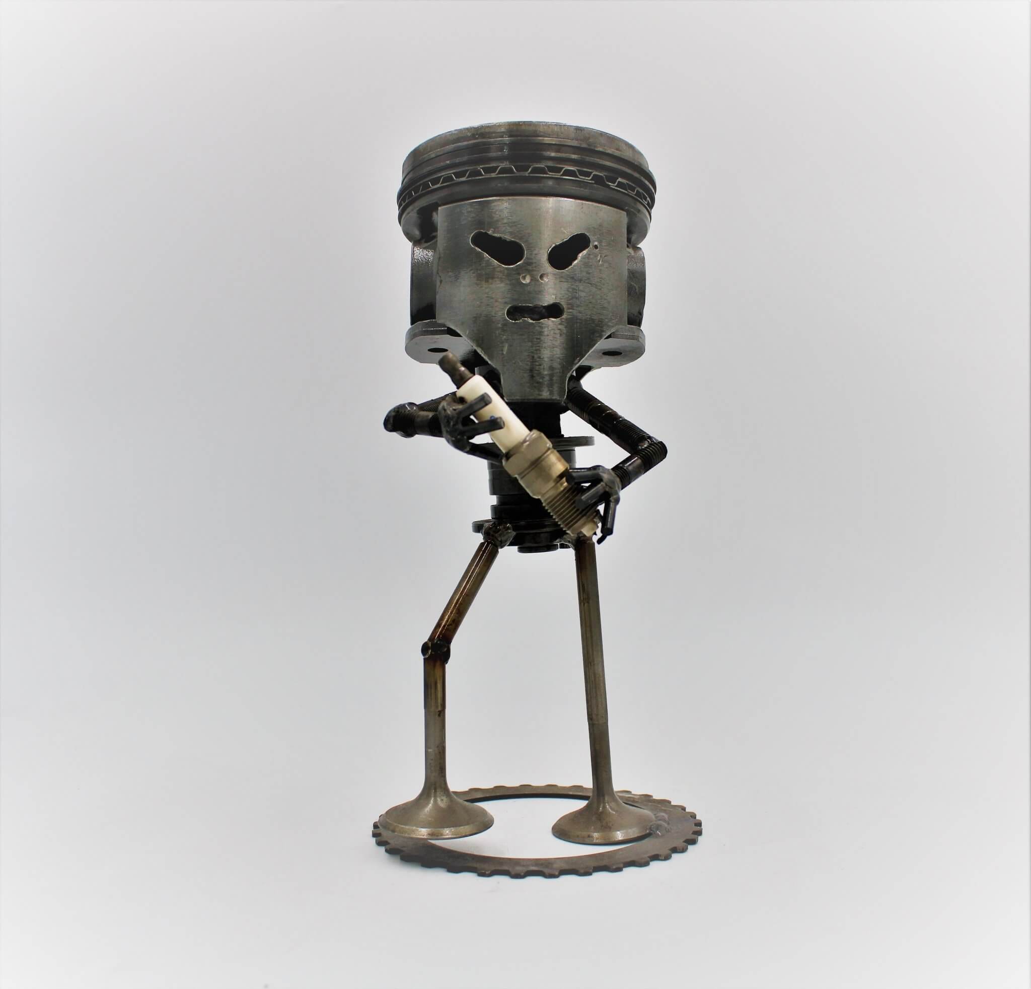 Standing Piston Man Car Part Sculpture - Automotive Figurine, Unique Steampunk Desk Art - Ben's Auto Decor