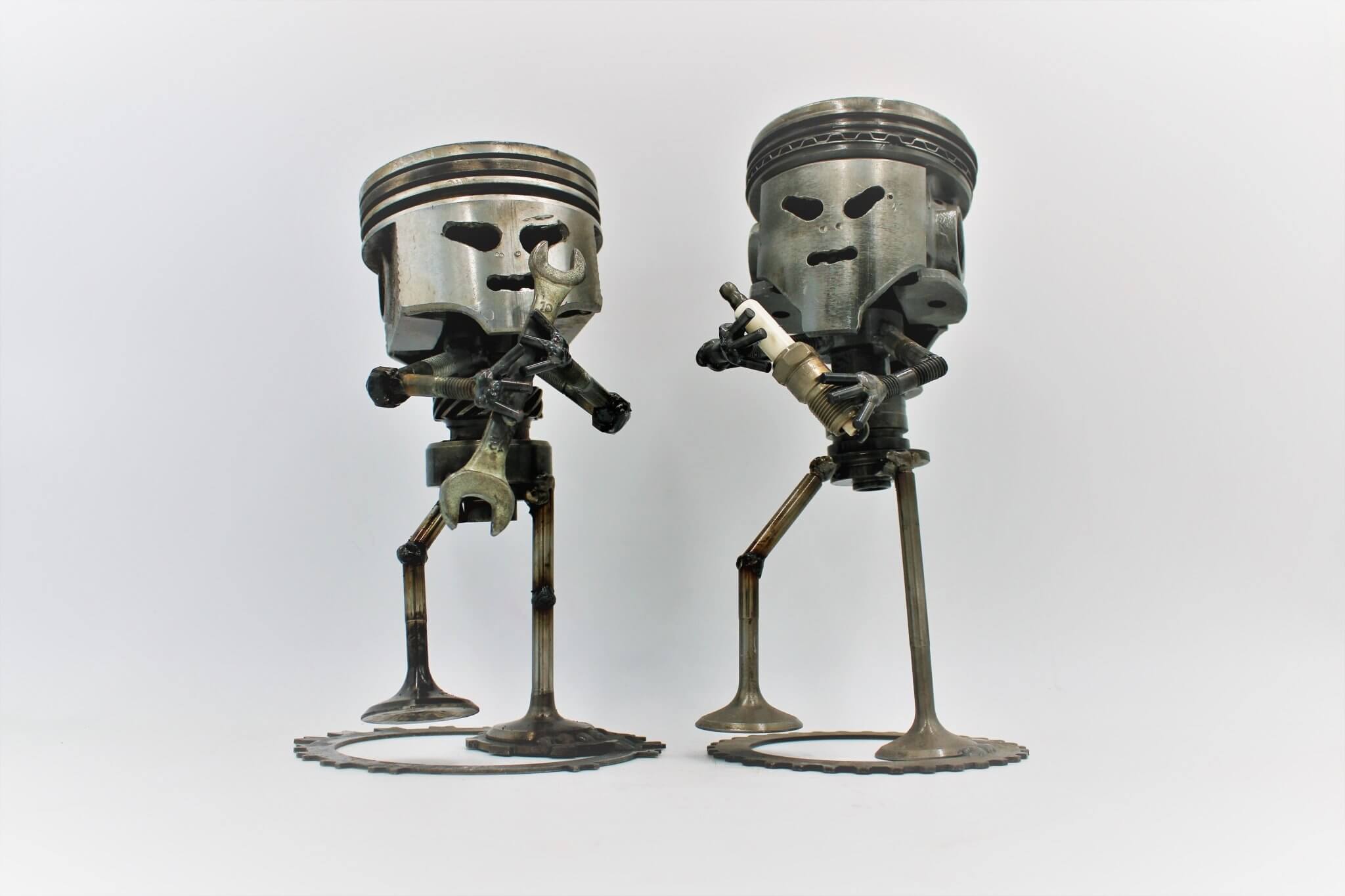 Standing Piston Man Car Part Sculpture - Automotive Figurine, Unique Steampunk Desk Art - Ben's Auto Decor