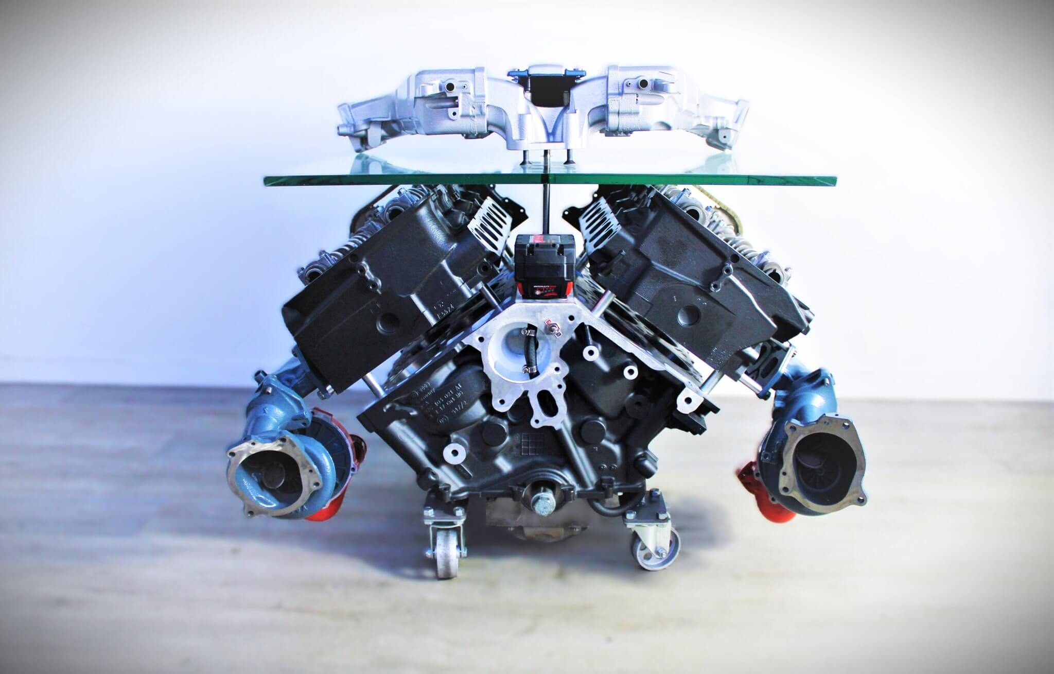 Twin Turbo Rotating Engine Coffee Table With Spinning Internals - Unique Man Cave Furniture - Ben's Auto Decor