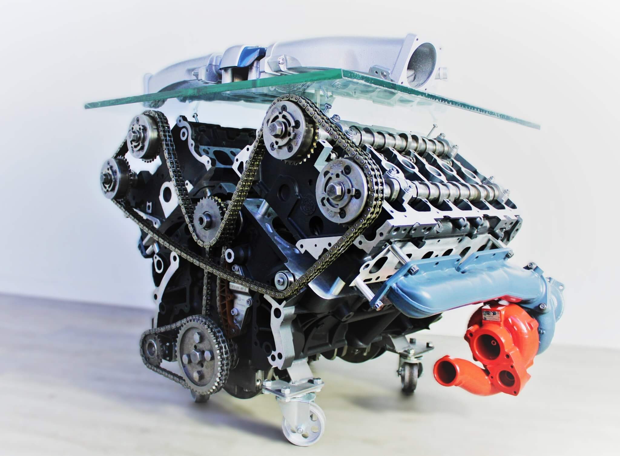 Twin Turbo Rotating Engine Coffee Table With Spinning Internals - Unique Man Cave Furniture - Ben's Auto Decor