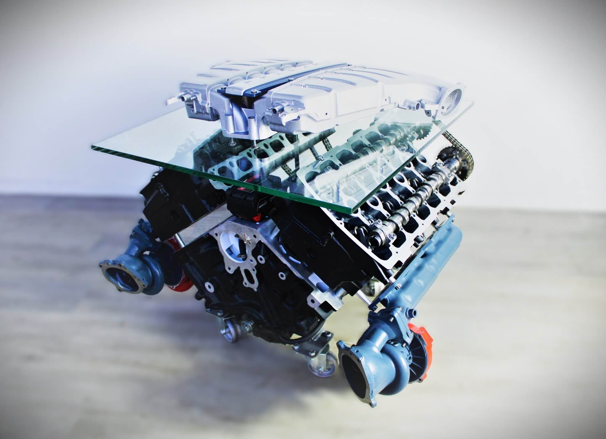 Twin Turbo Rotating Engine Coffee Table With Spinning Internals - Unique Man Cave Furniture - Ben's Auto Decor