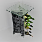 Load image into Gallery viewer, BMW end table and wine rack with six wine bottles stored inside, finished in gunmetal grey with a square glass top.

