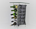 Load image into Gallery viewer, BMW end table and wine rack with six wine bottles stored inside, finished in gunmetal grey with a square glass top.
