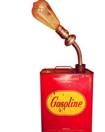 Load image into Gallery viewer, Lamp made out of a red and yellow vintage gas can with an incandescent lightbulb.
