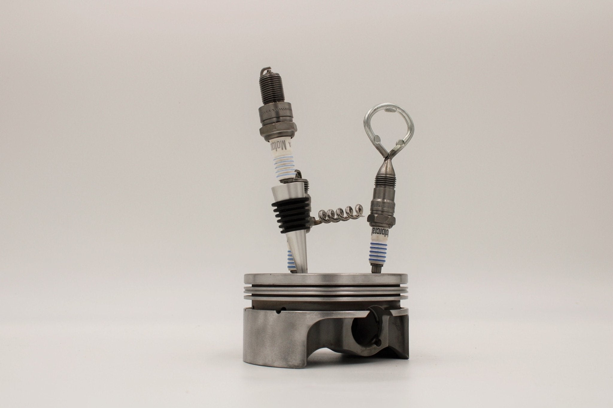 Spark Plug Bar Set for Car Lover - Bottle Opener, Corkscrew, Wine Stopper and Piston Holder, Gift for Auto Enthusiasts - Ben's Auto Decor
