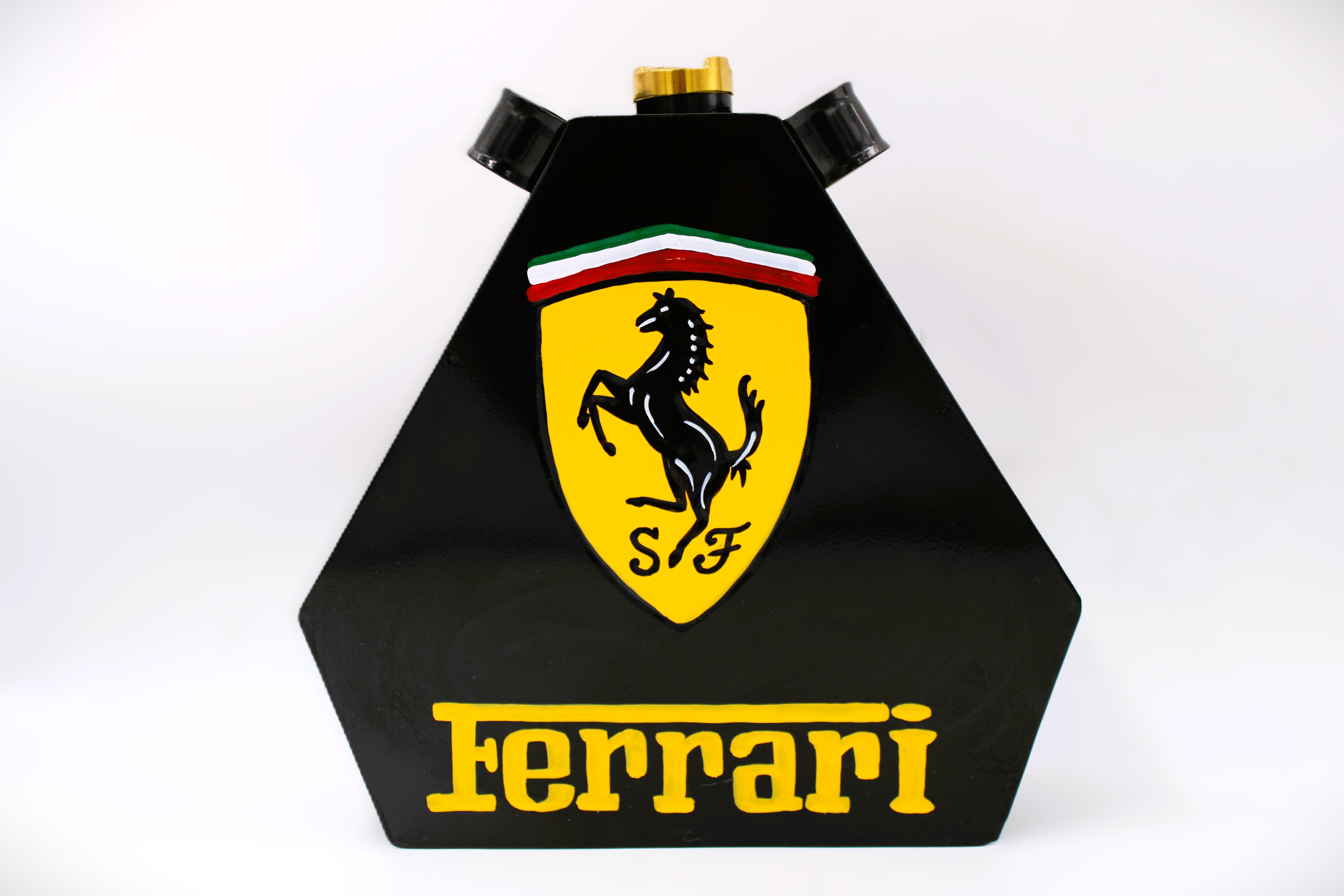 Black and yellow painted gas can with the Ferrari logo displayed.