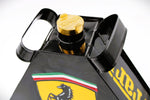 Load image into Gallery viewer, Close-up of the cap of a black and yellow painted gas can with the Ferrari logo displayed.
