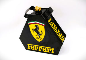 Black and yellow painted gas can with the Ferrari logo displayed on all sides.
