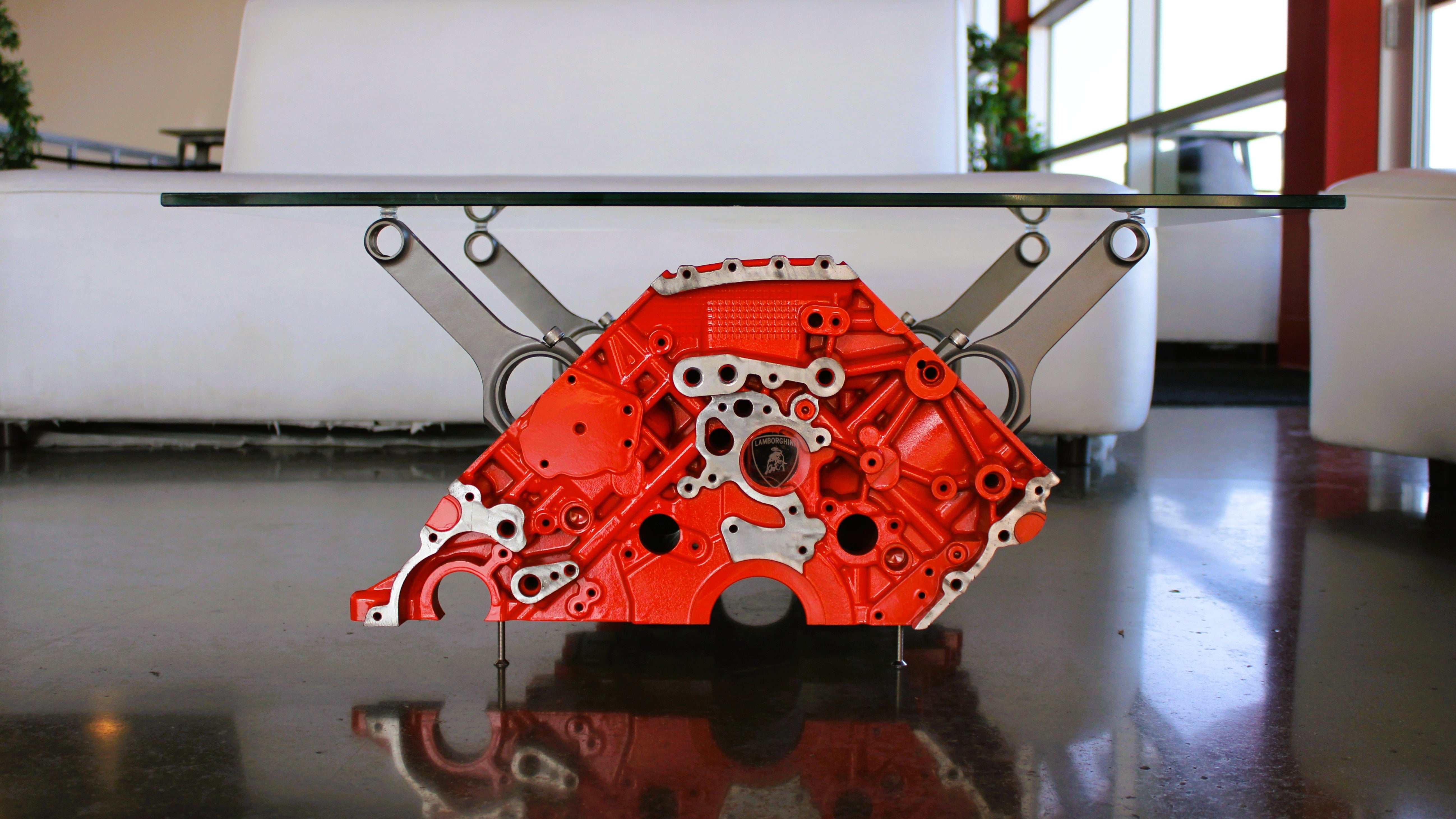 Lamborghini Racing engine coffee table in a car condo living room