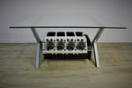 Load image into Gallery viewer, Top Fuel aluminum engine block coffee table finished in black and silver with a rectangular glass top.
