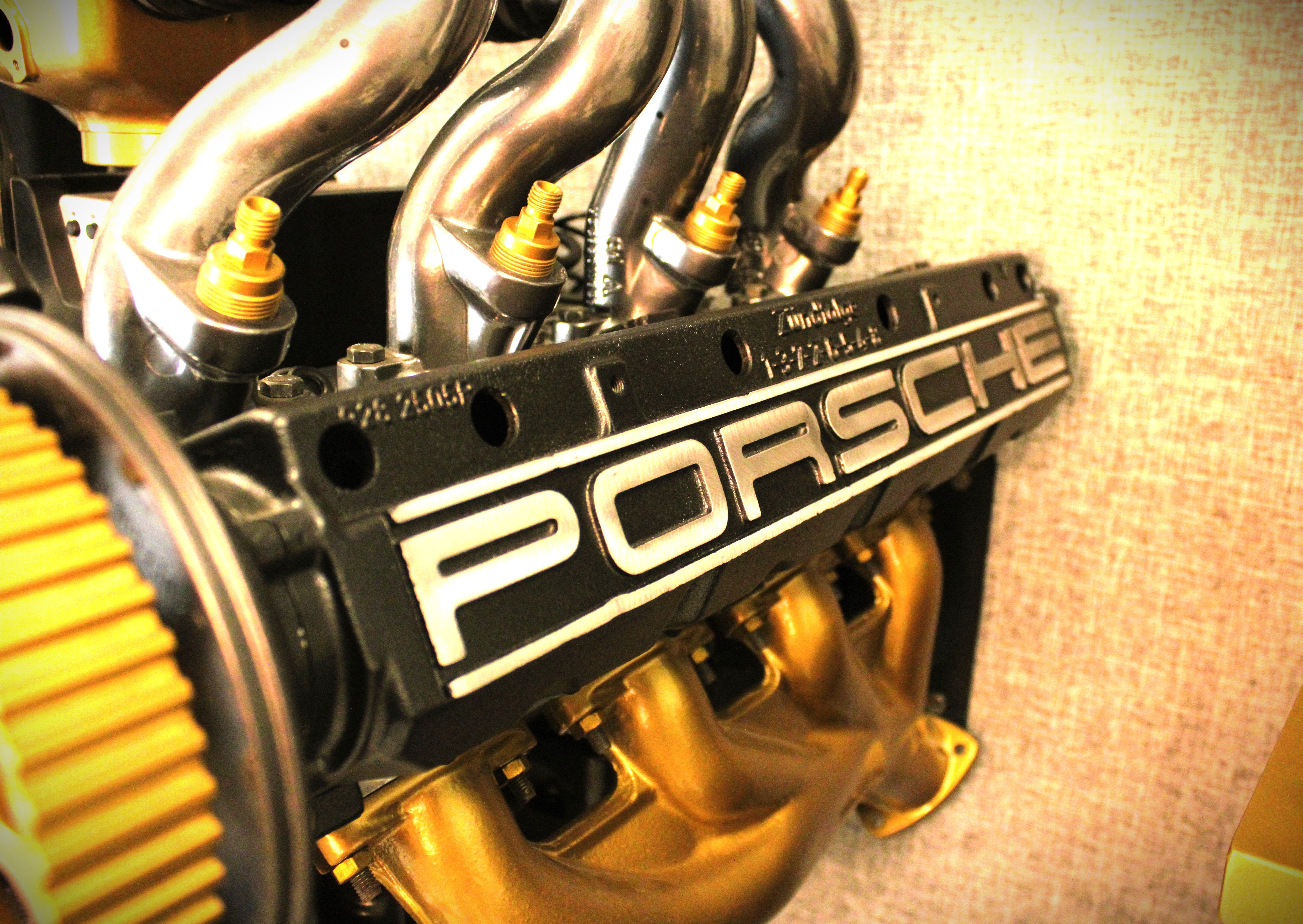 Porsche 928 engine sculpture with dual subwoofer audio system