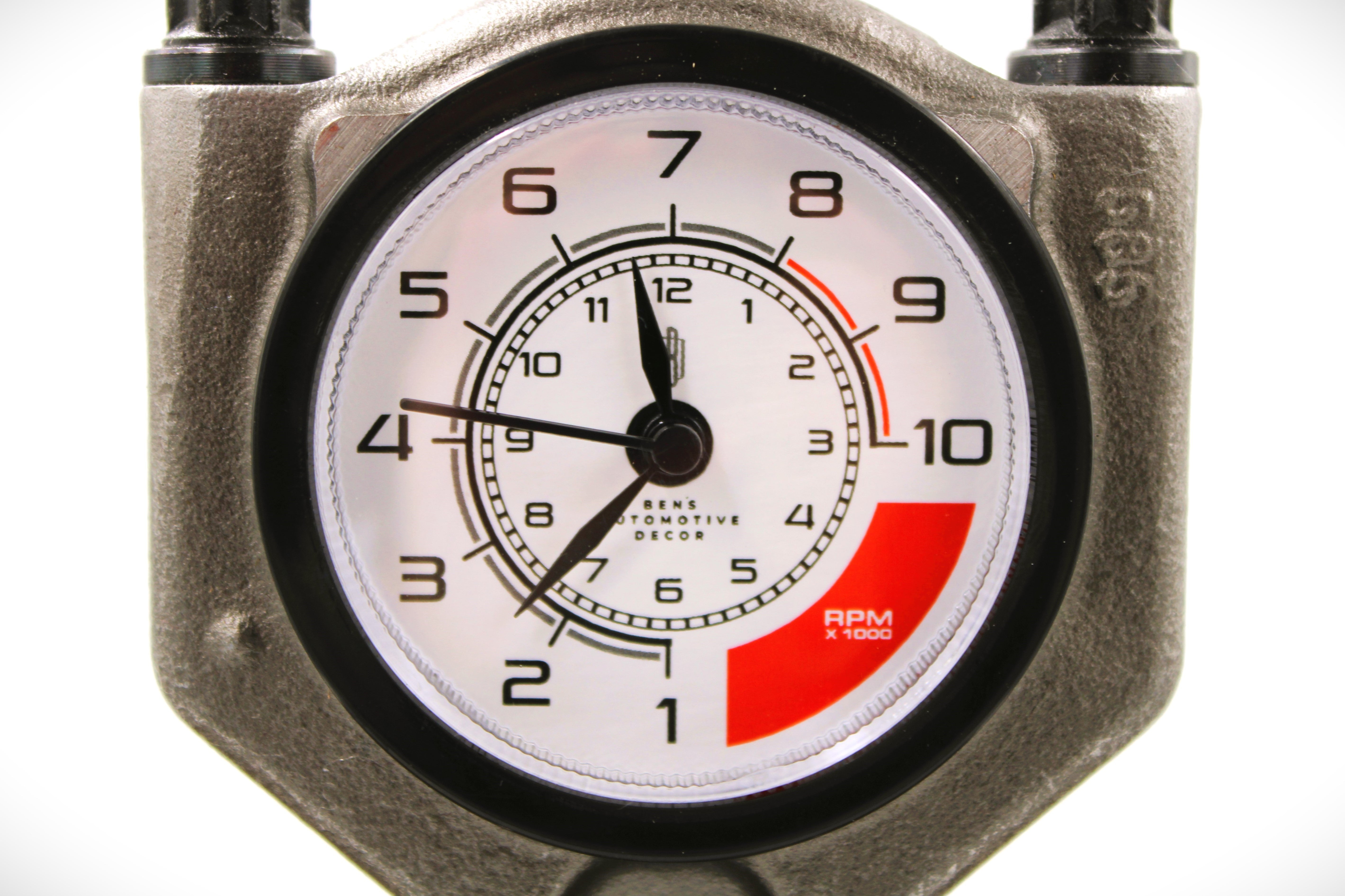 Piston Clock with White RPM Gauge Face - Unique Car Enthusiast Gift, Steampunk Clock for Gearheads, Automotive Decor