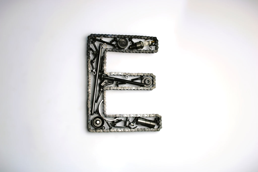 Car Part Letter E - Motorhead Gift, Unique Petrolhead Decor, Custom Metallic Wall Art - Ben's Auto Decor
