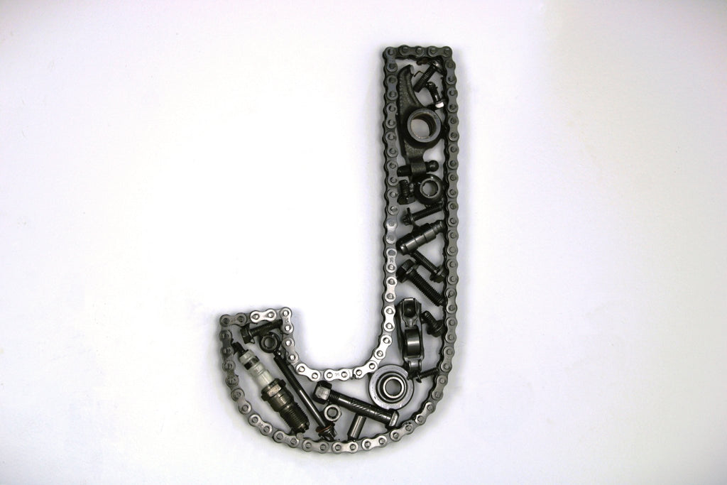 Car Part Letter J - Repurposed Art, Custom Metal Sign, Gift for Him - Ben's Auto Decor