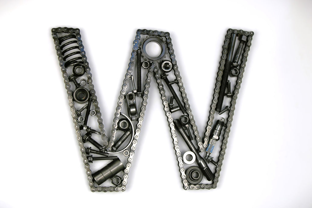 Car Part Letter W - Steampunk Engine Art, Unique Metal Wall Sculpture, Modern Name Sign - Ben's Auto Decor