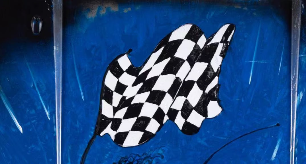 Porsche 911 Hood Art - Hand-Painted Red, Blue and Black Automotive Artwork, Unique Piece Titled 'GULP' Signed by Artist Ronnie King, Porsche Crest is Displayed - Ben's Auto Decor