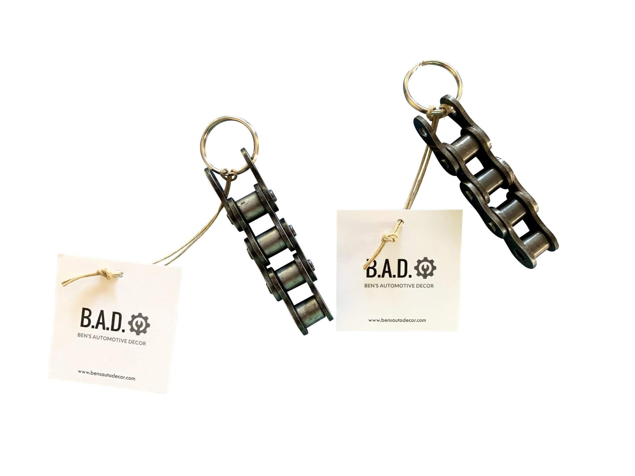 Keychain handcrafted from a genuine polished motorcycle chain.
