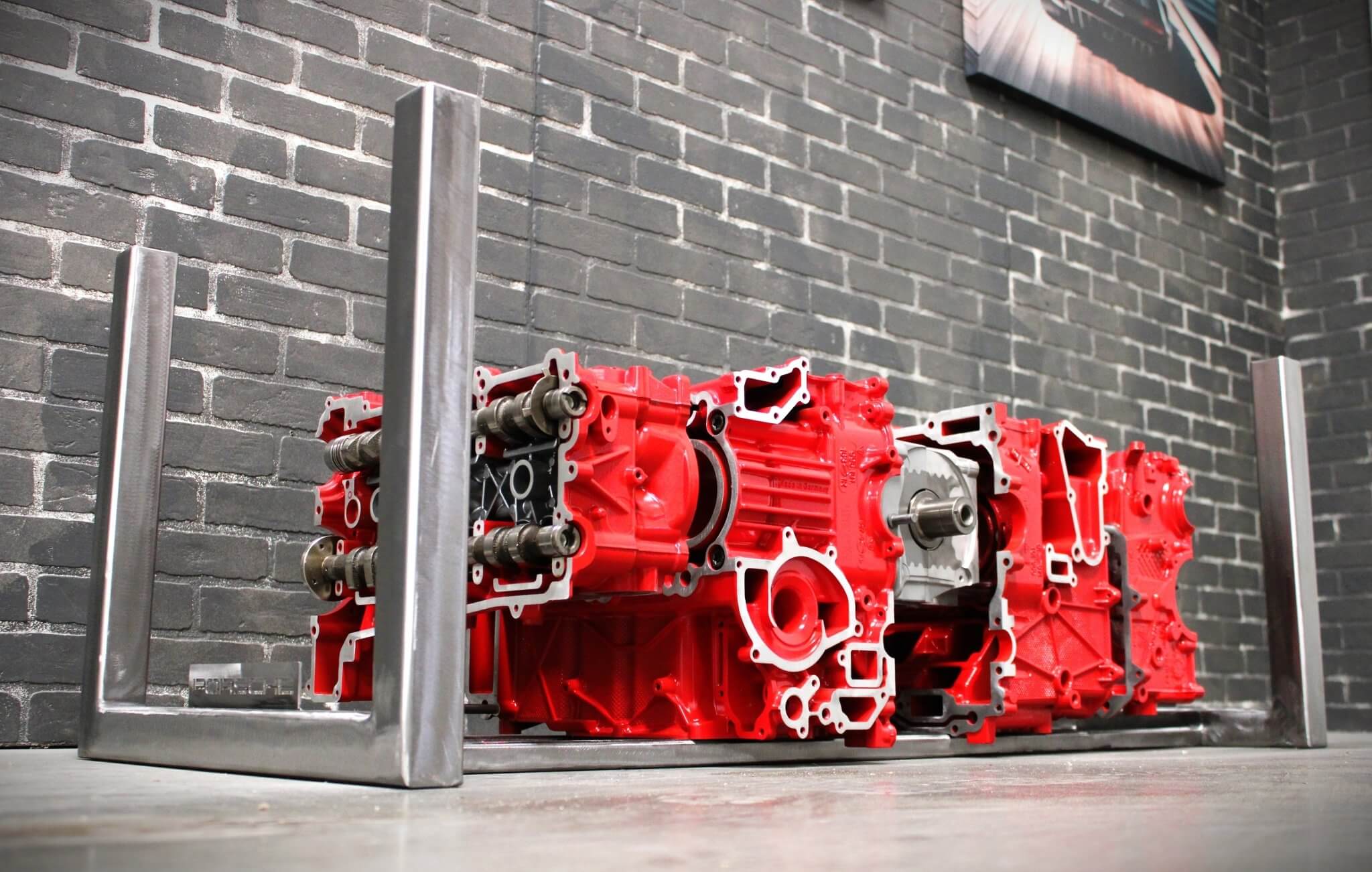 Porsche Engine Coffee Table – Exploded Diagram Display with Crankshaft & Heads | Industrial Frame | Custom Finish | Glass Top Included - Ben's Auto Decor