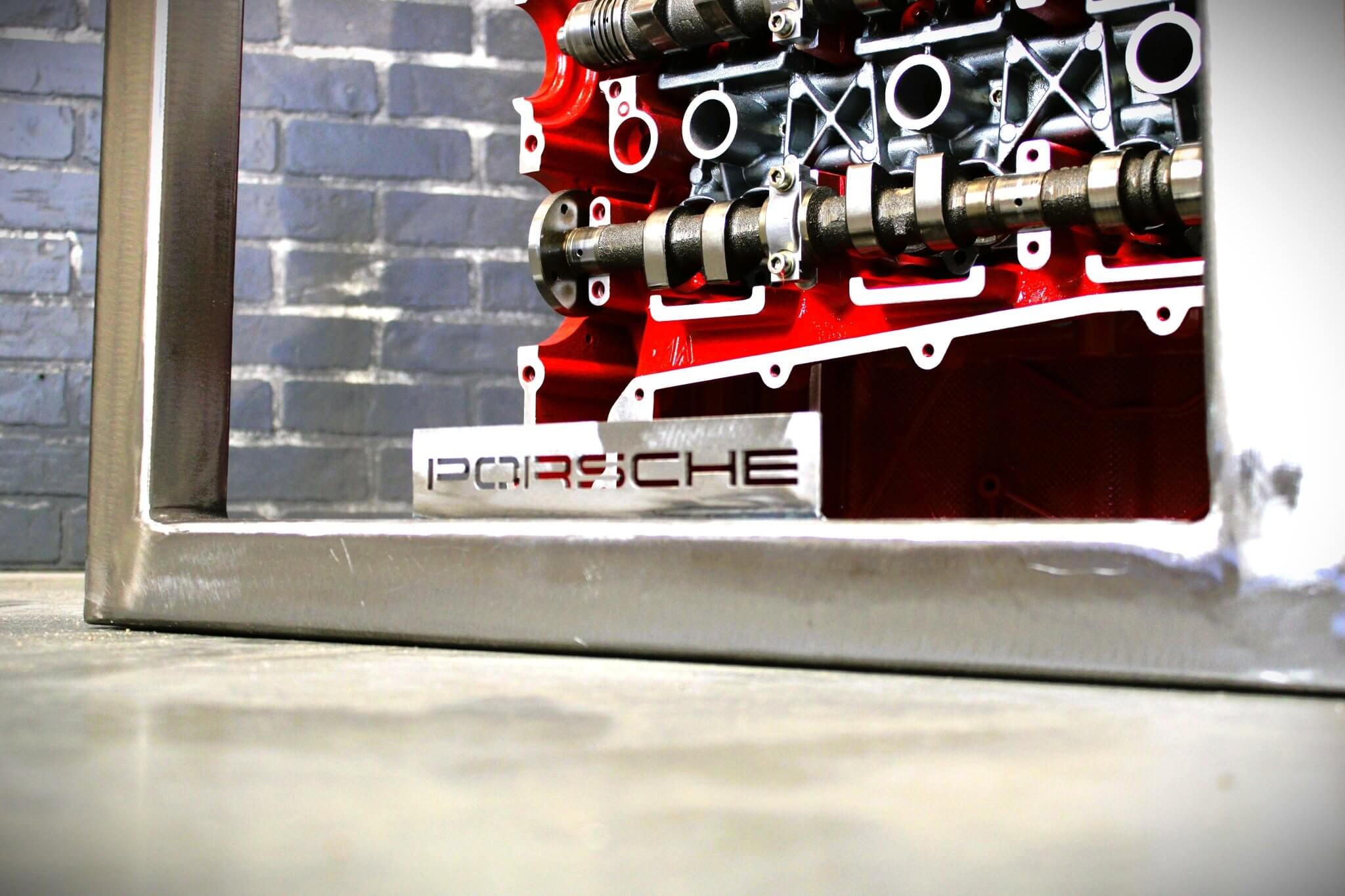 Porsche Engine Coffee Table – Exploded Diagram Display with Crankshaft & Heads | Industrial Frame | Custom Finish | Glass Top Included - Ben's Auto Decor