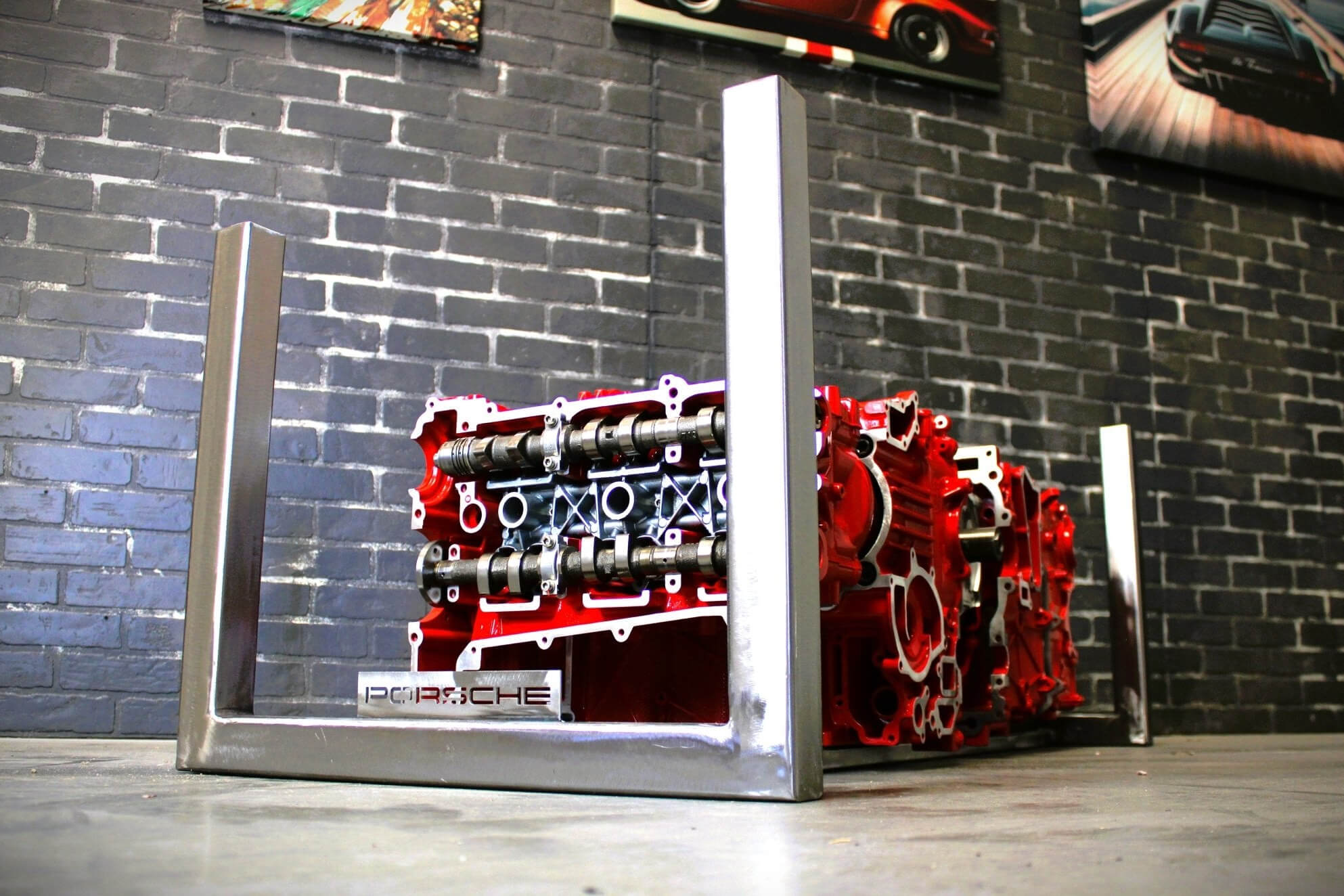 Porsche Engine Coffee Table – Exploded Diagram Display with Crankshaft & Heads | Industrial Frame | Custom Finish | Glass Top Included - Ben's Auto Decor