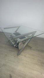 Load and play video in Gallery viewer, Video of a Top Fuel aluminum engine block coffee table finished in black and silver with a rectangular glass top.
