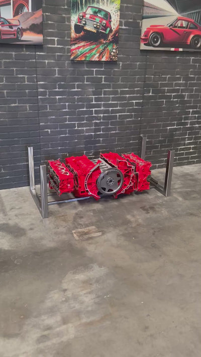 Red Porsche Engine Coffee Table – Exploded Diagram Display with Crankshaft & Heads | Industrial Frame | Custom Finish | Glass Top Included - Ben's Auto Decor