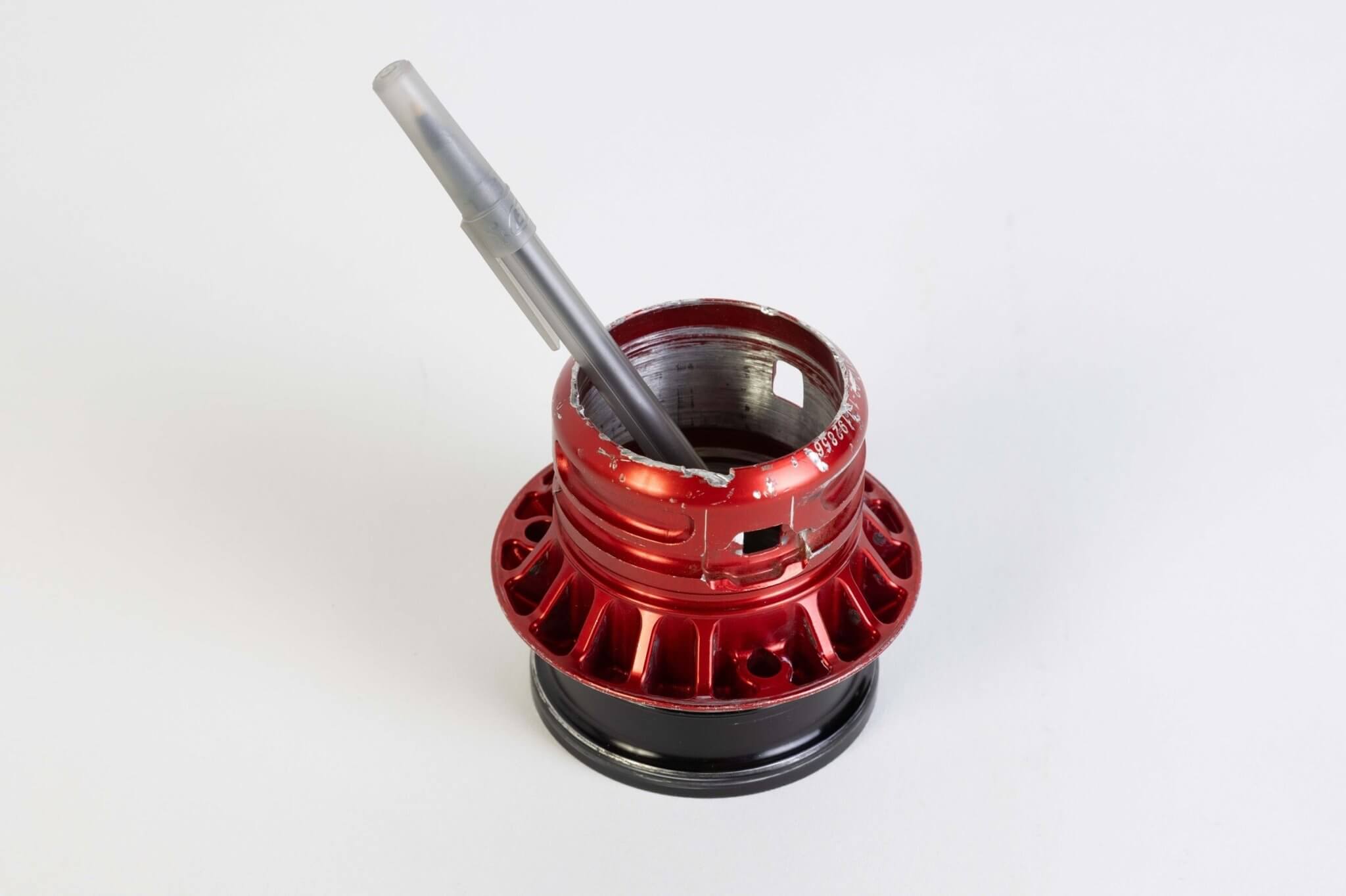 Red Formula 1 Front Wheel Nut Handmade Pen Holder - Authentic Recycled Race Car Part Decor - Ben's Auto Decor