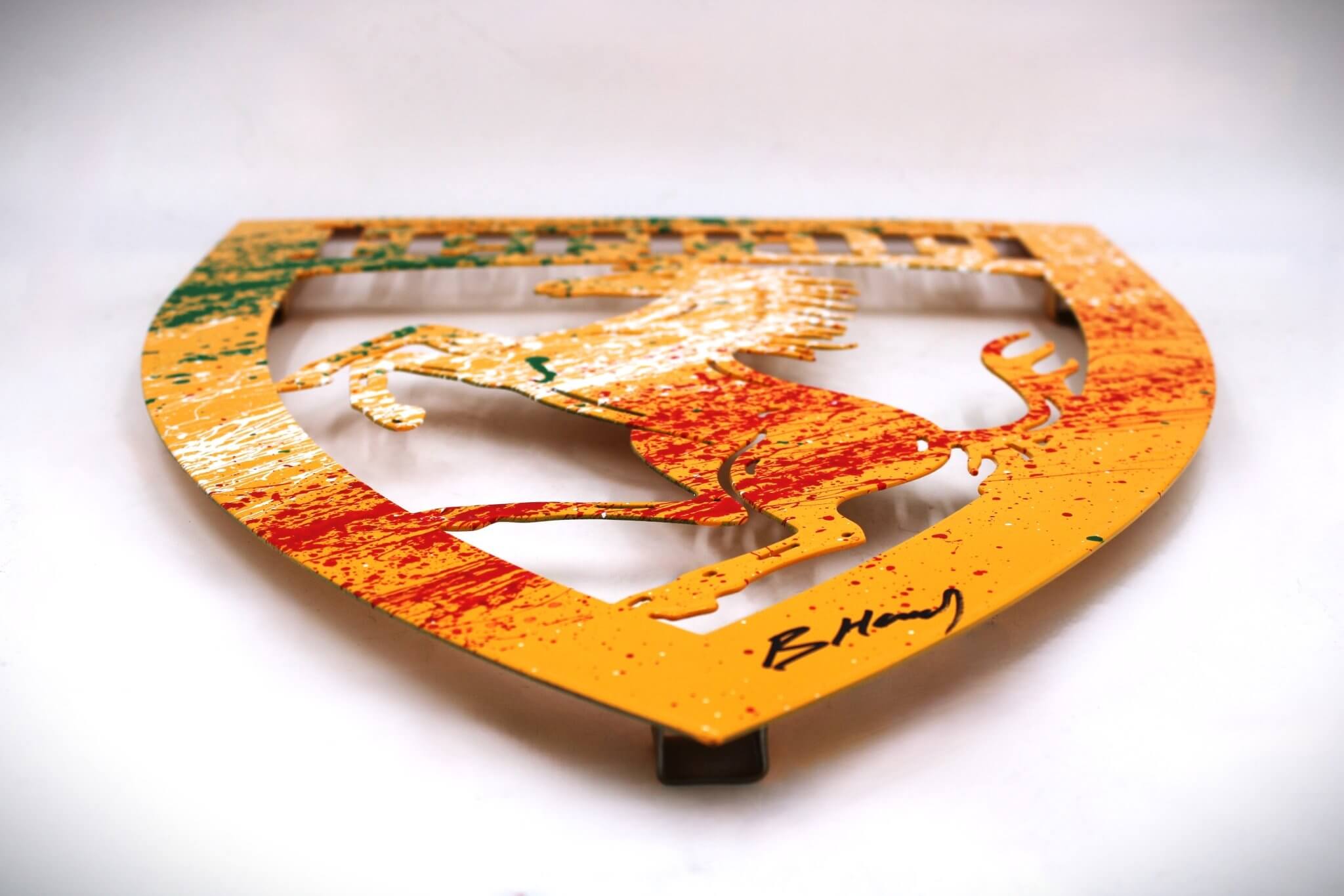 Signed Ferrari Prancing Horse Logo Metal Wall Art - Hand - Painted, Ready to Hang, Unique Decor for Car Guys and Man Caves - Ben's Auto Decor